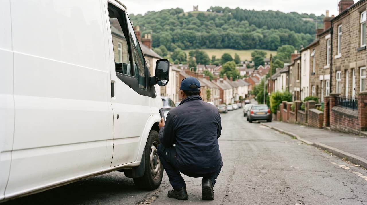 Technician crouched beside a white van with a diagnostic tablet on a terraced street in Biddulph, wooded ridge behind