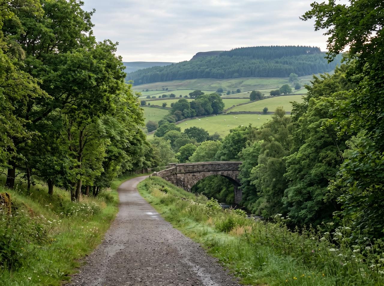 Green valley path and old stone railway bridge in the countryside around Biddulph