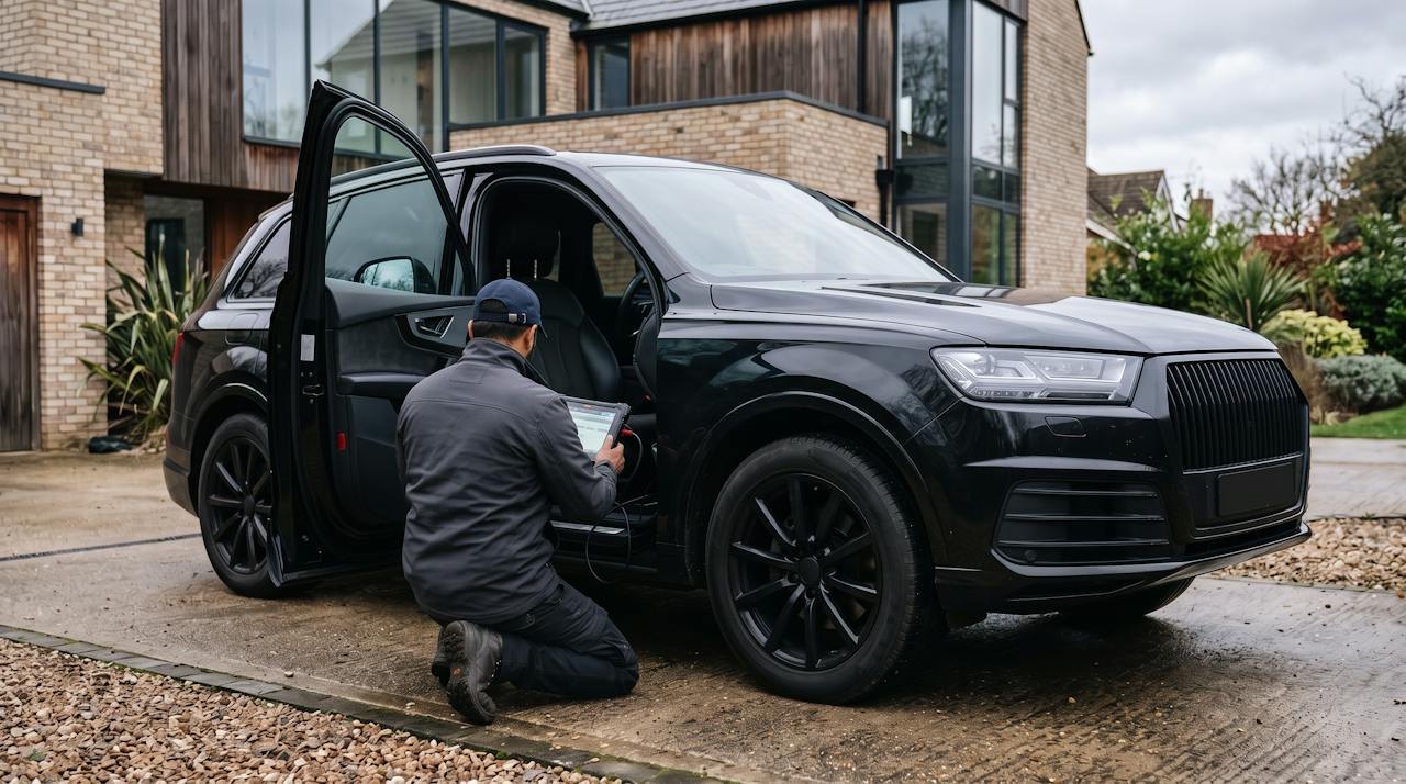 Technician kneeling at the open door of a black SUV with a diagnostic tablet