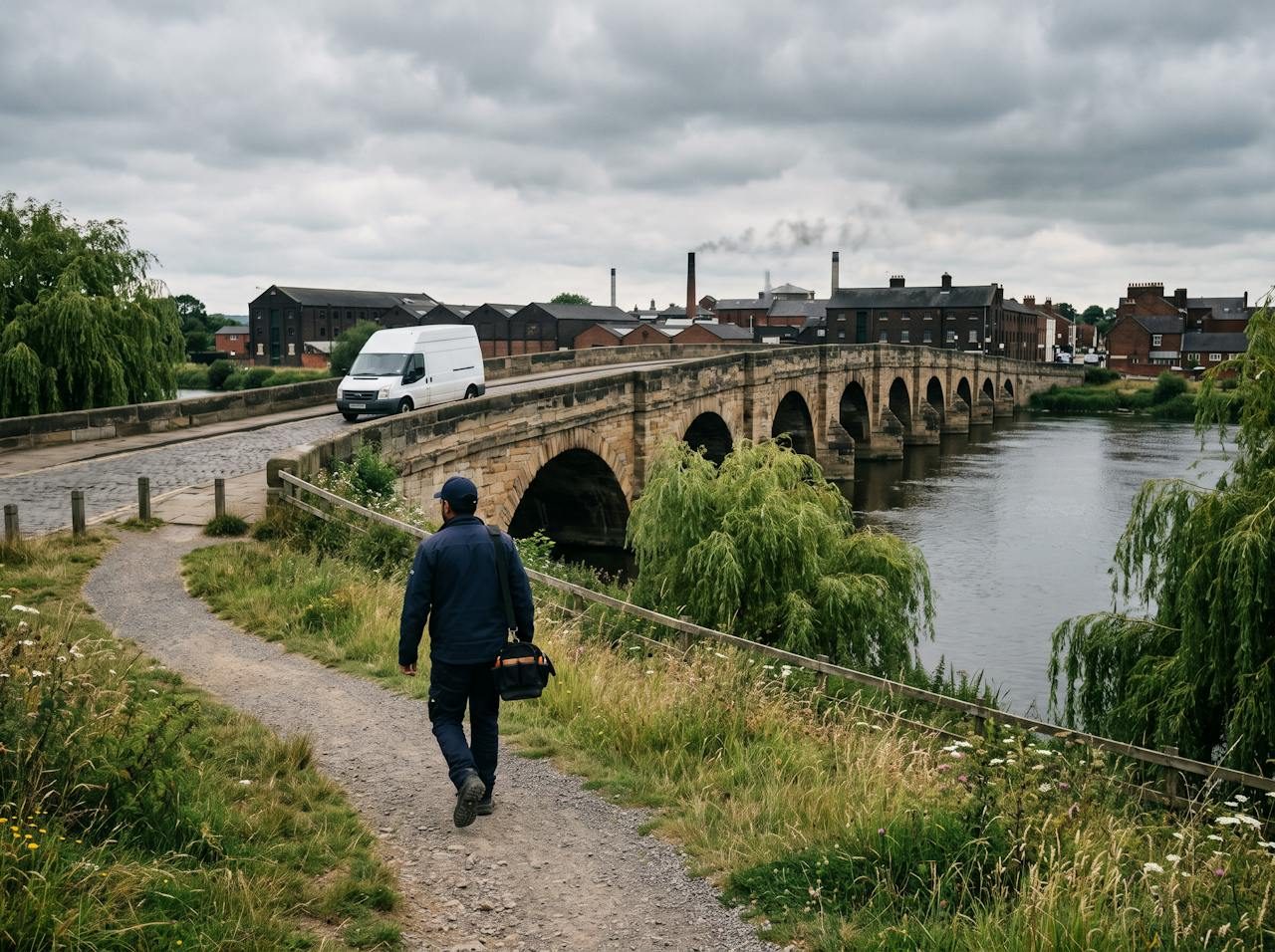 Technician walking towards a white van parked by the old stone bridge over the River Trent in Burton upon Trent