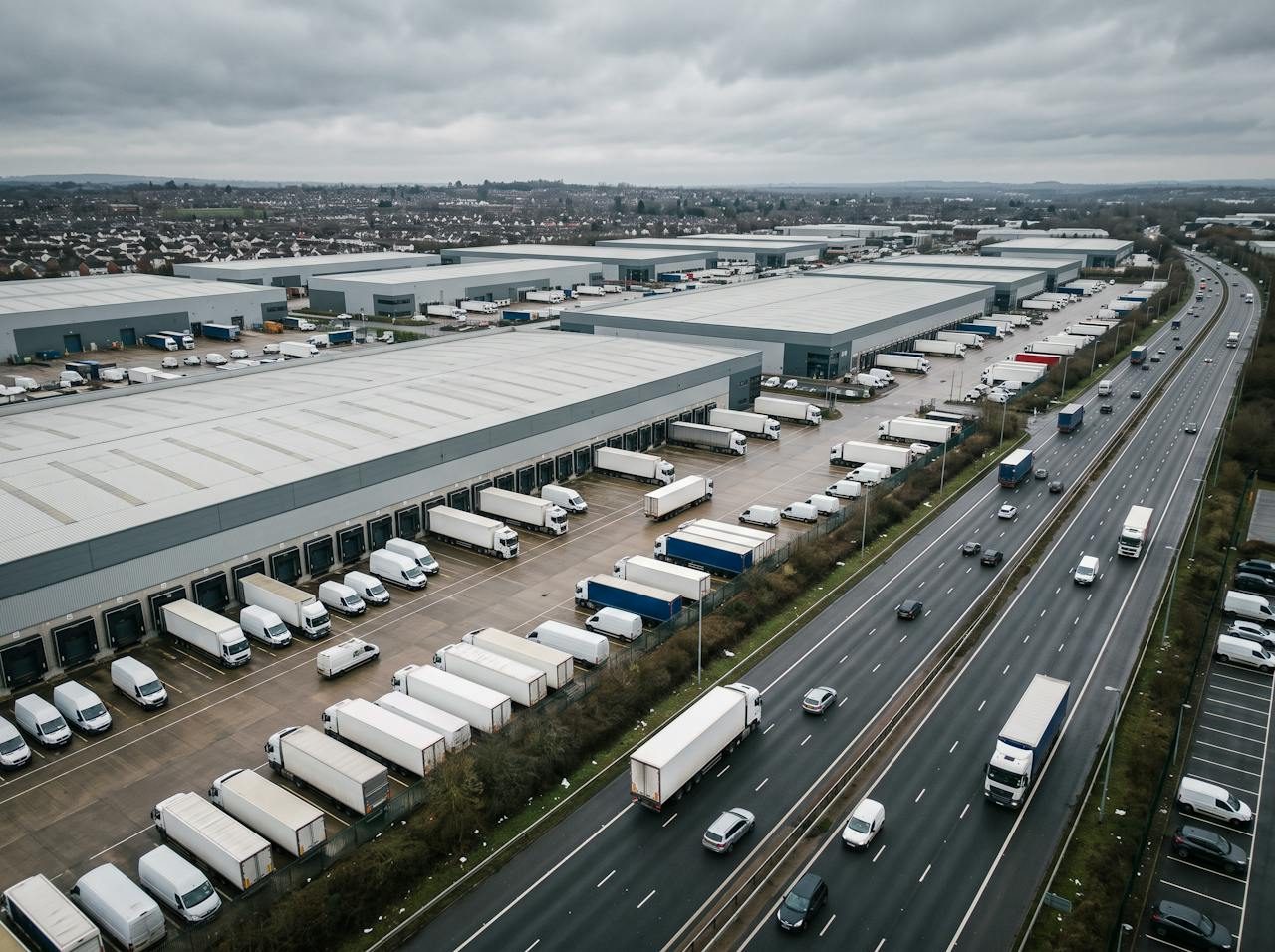 Large distribution warehouses with lorries beside the A38 near Burton upon Trent
