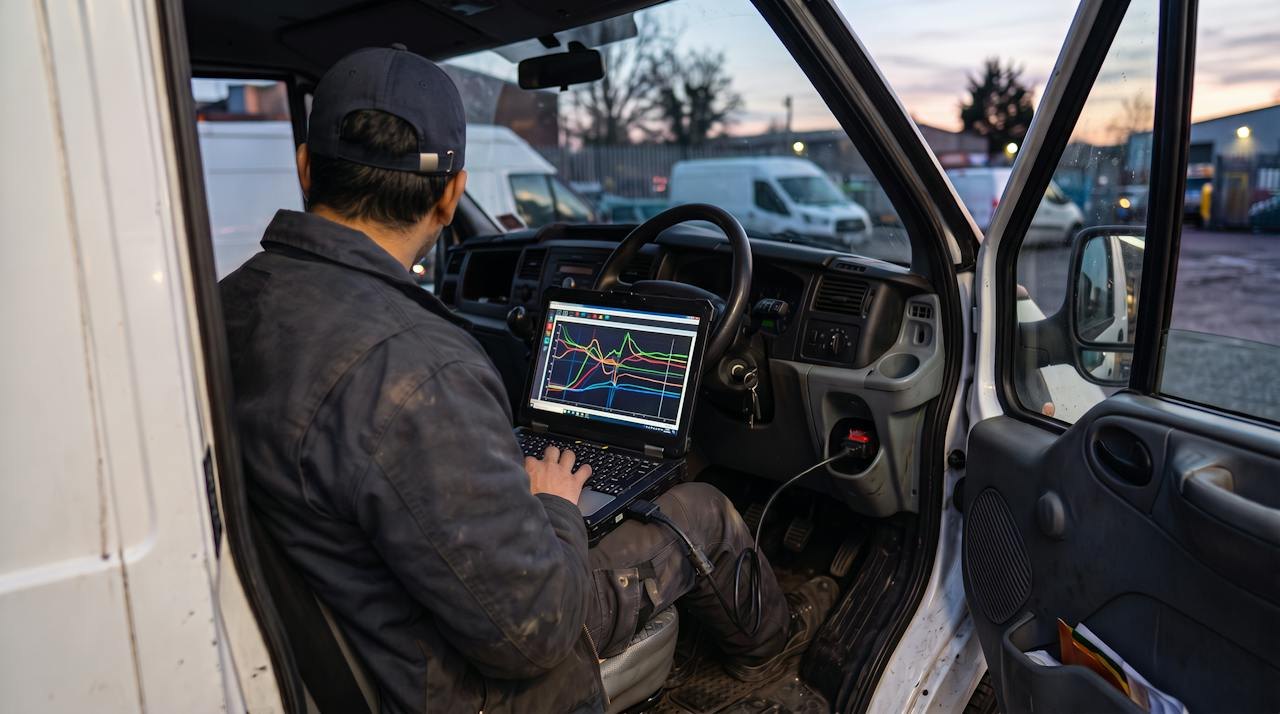 Technician in a van doorway with a laptop connected to the diagnostic port
