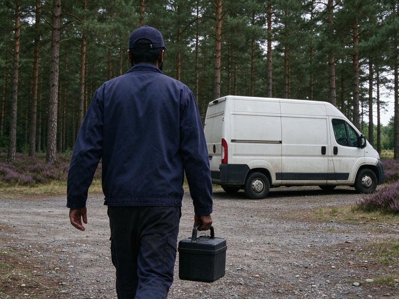 Technician in a navy cap carrying a tool case to a white van in a forest car park on Cannock Chase