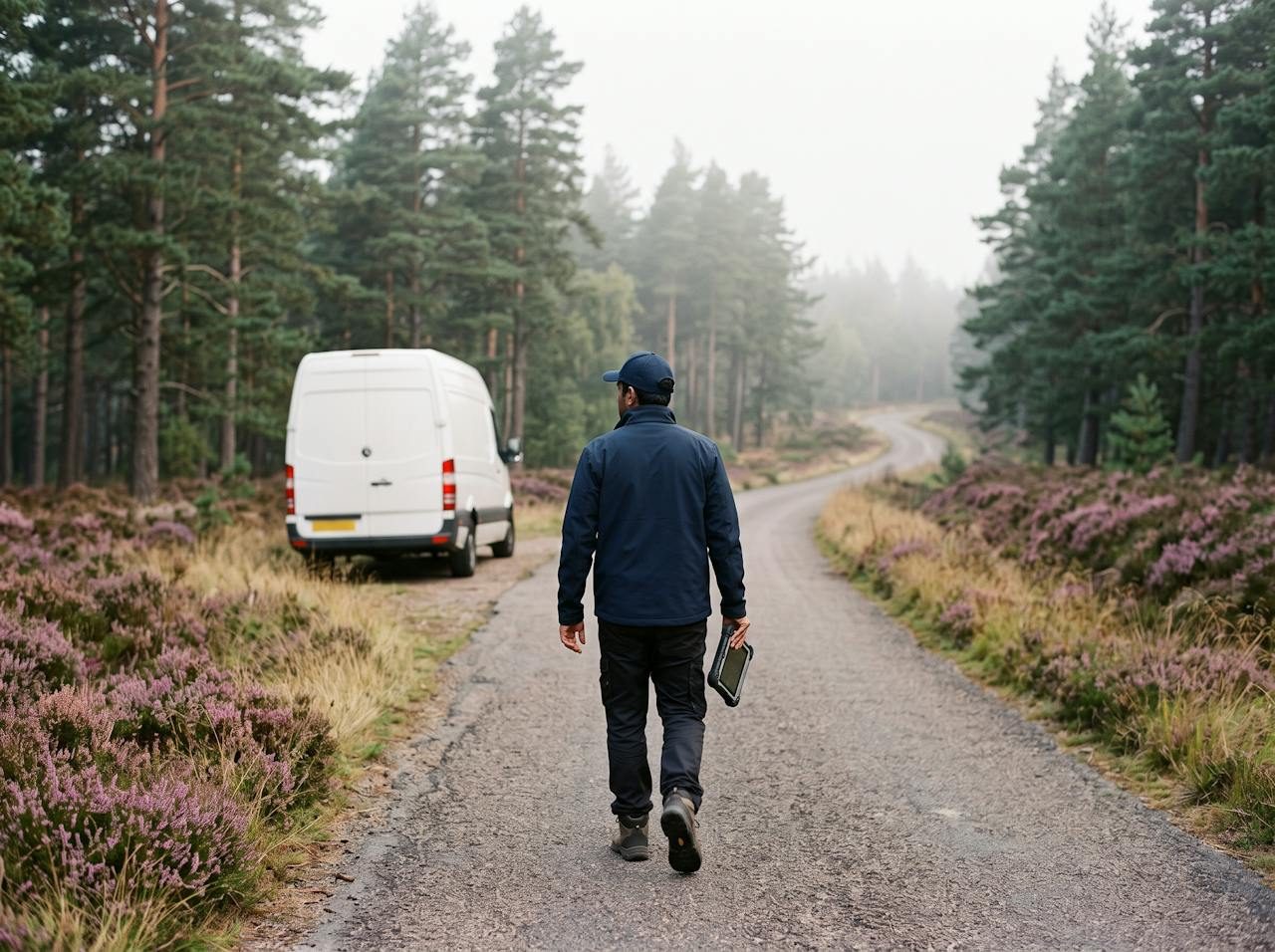 Technician with a diagnostic tablet beside a white van on a forest road through heather and pines near Cannock