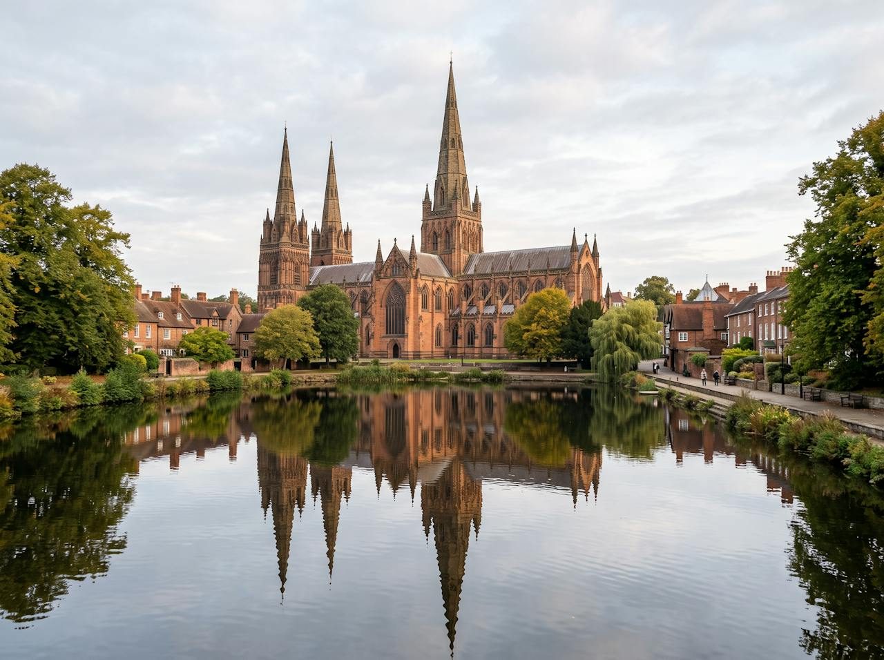 Lichfield Cathedral's three spires reflected in the pool