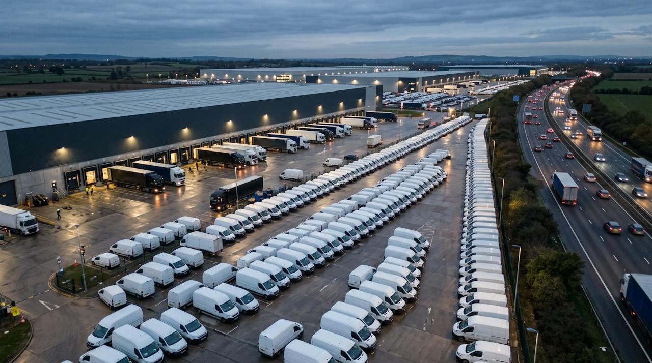 Distribution park beside a motorway at dusk with rows of white vans