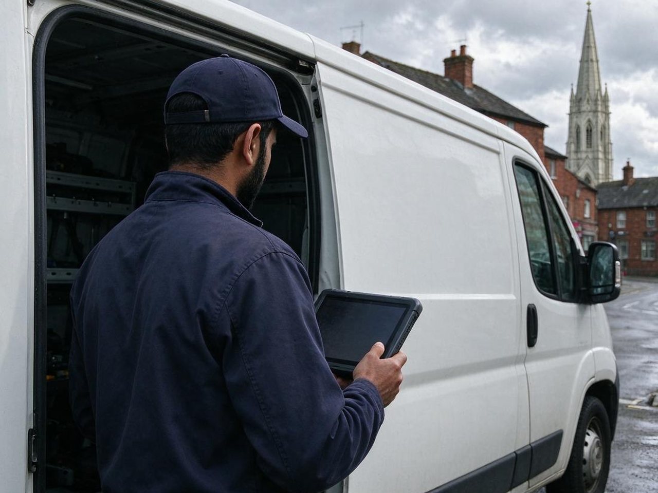 Technician in a navy cap with a diagnostic tablet at the side door of a white van in Cheadle, a church spire above the rooftops