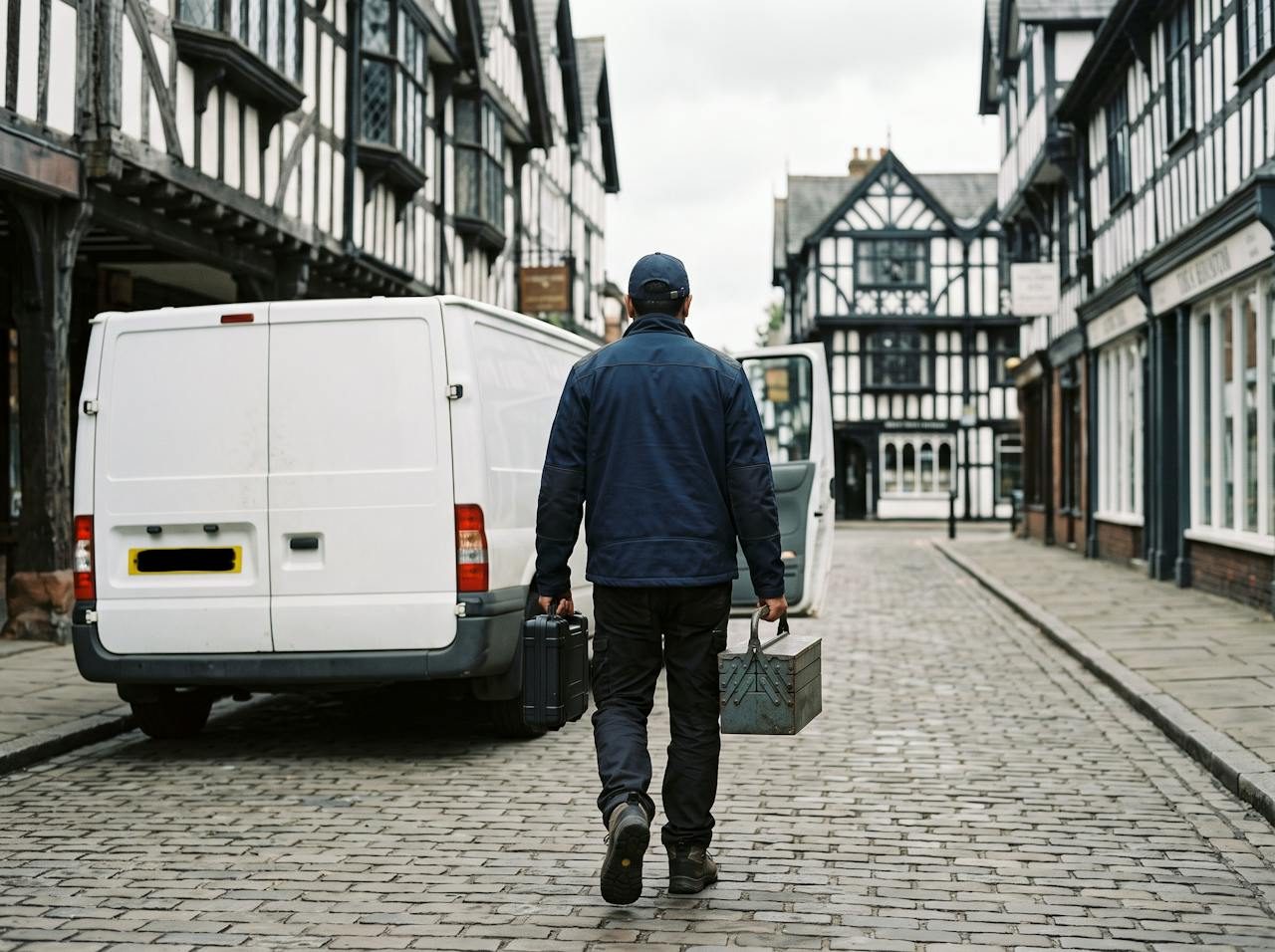 Technician carrying a diagnostic case to a white van on a street of black-and-white timber-framed buildings in Cheshire East