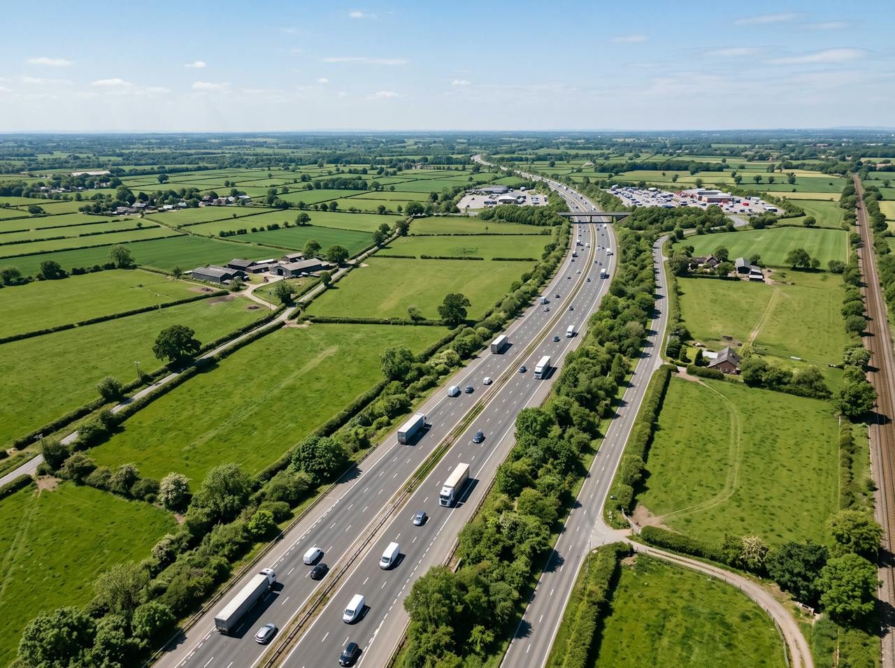 The M6 motorway running through flat green Cheshire farmland