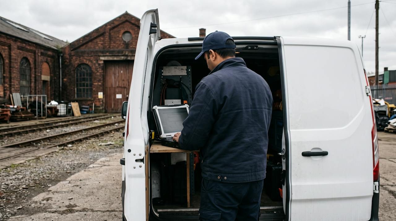 Technician running diagnostics on a white van in an industrial yard beside railway sheds