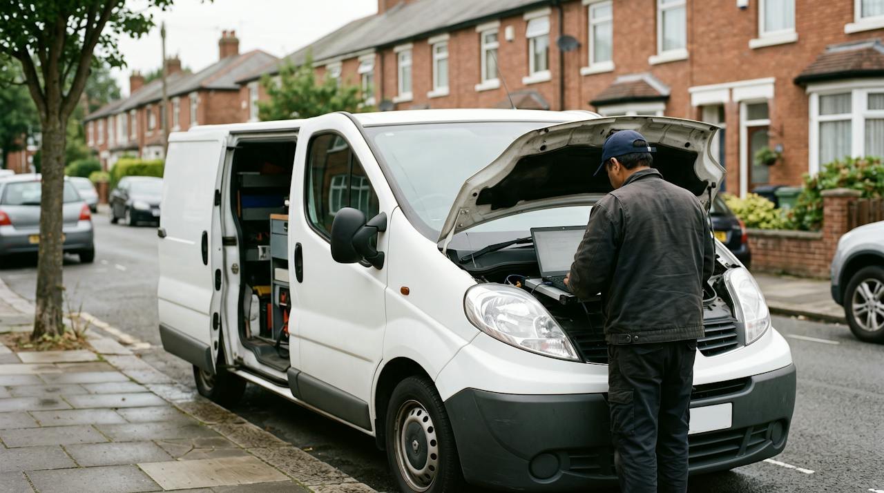 Technician at the open bonnet of a white panel van on a residential street