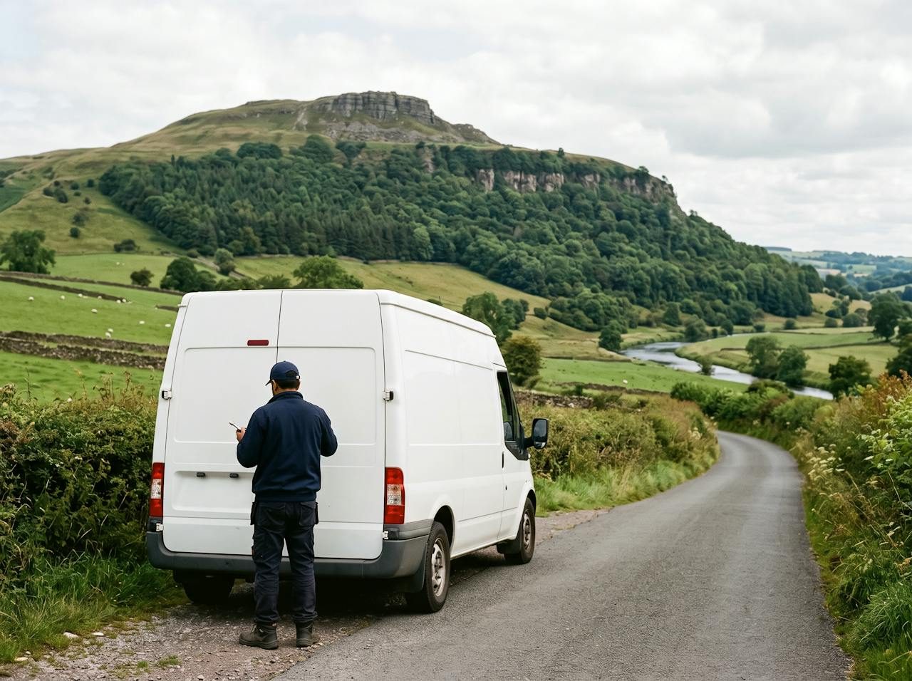 Technician at the side of a white van on a country lane below the hill known as The Cloud near Congleton