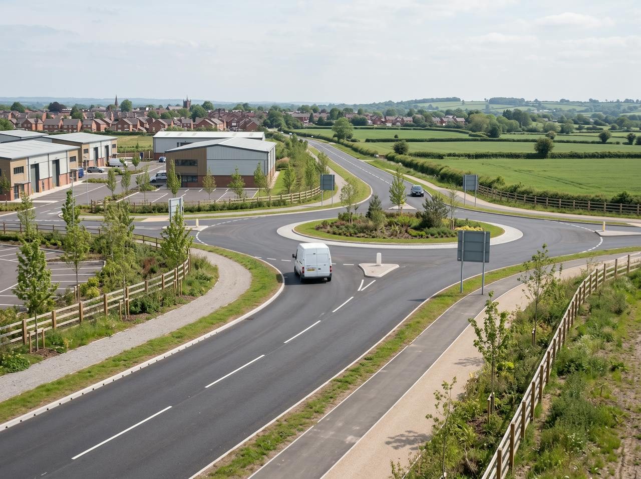New roundabout and link road on the edge of Congleton with a white van approaching