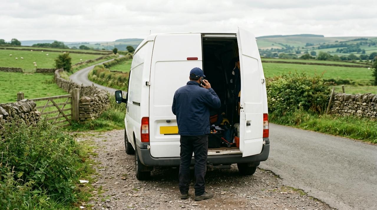 Technician on the phone beside a white van parked in a lay-by on a Staffordshire country lane