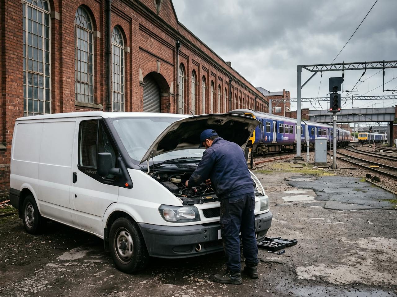 Technician working under the bonnet of a white van beside railway sheds and tracks in Crewe