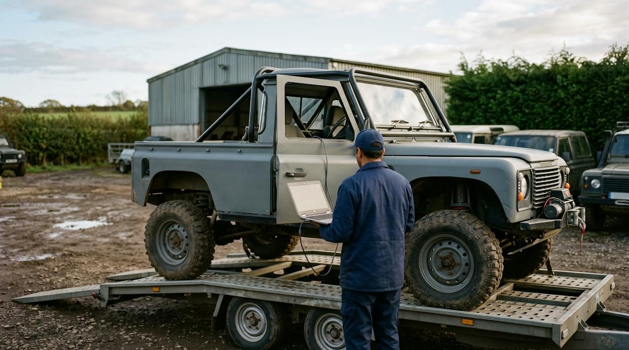 Technician with a laptop connected to an off-road competition pickup on a trailer in a gravel yard