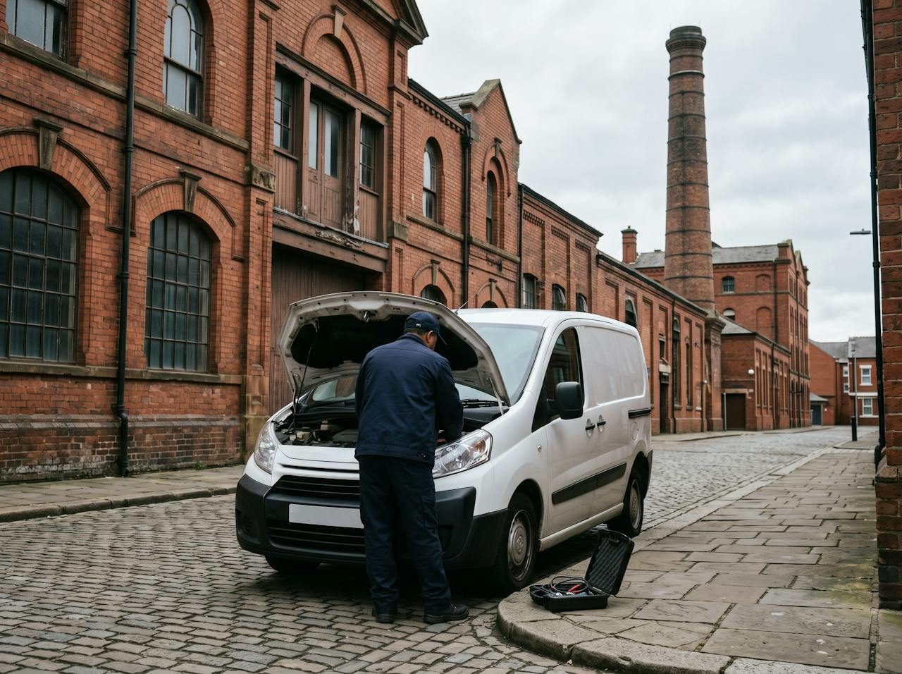 Technician working on a white van beside Victorian red-brick brewery buildings in Burton upon Trent