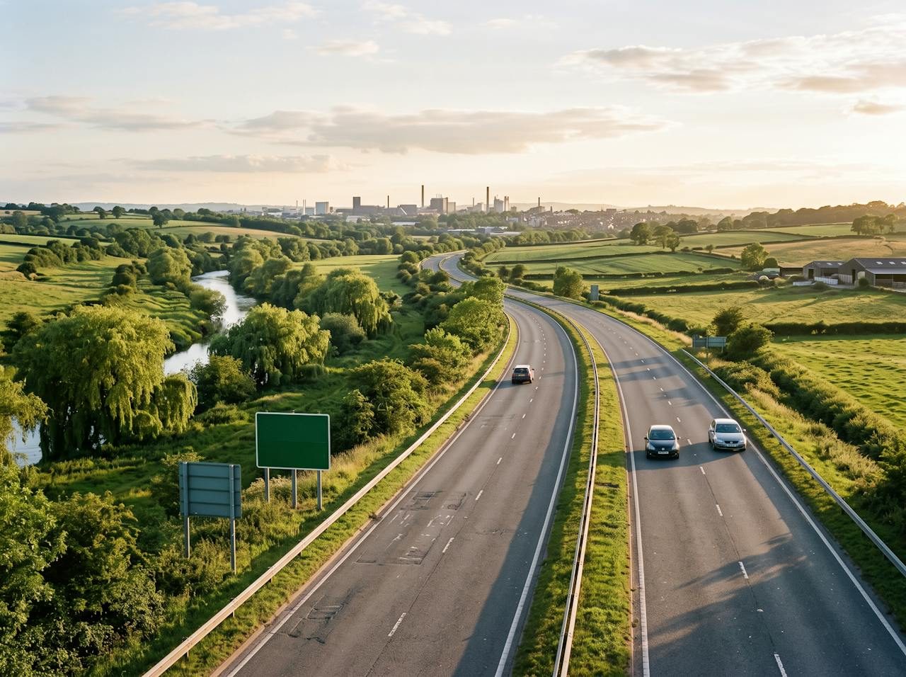 Dual carriageway crossing farmland and a river valley in East Staffordshire