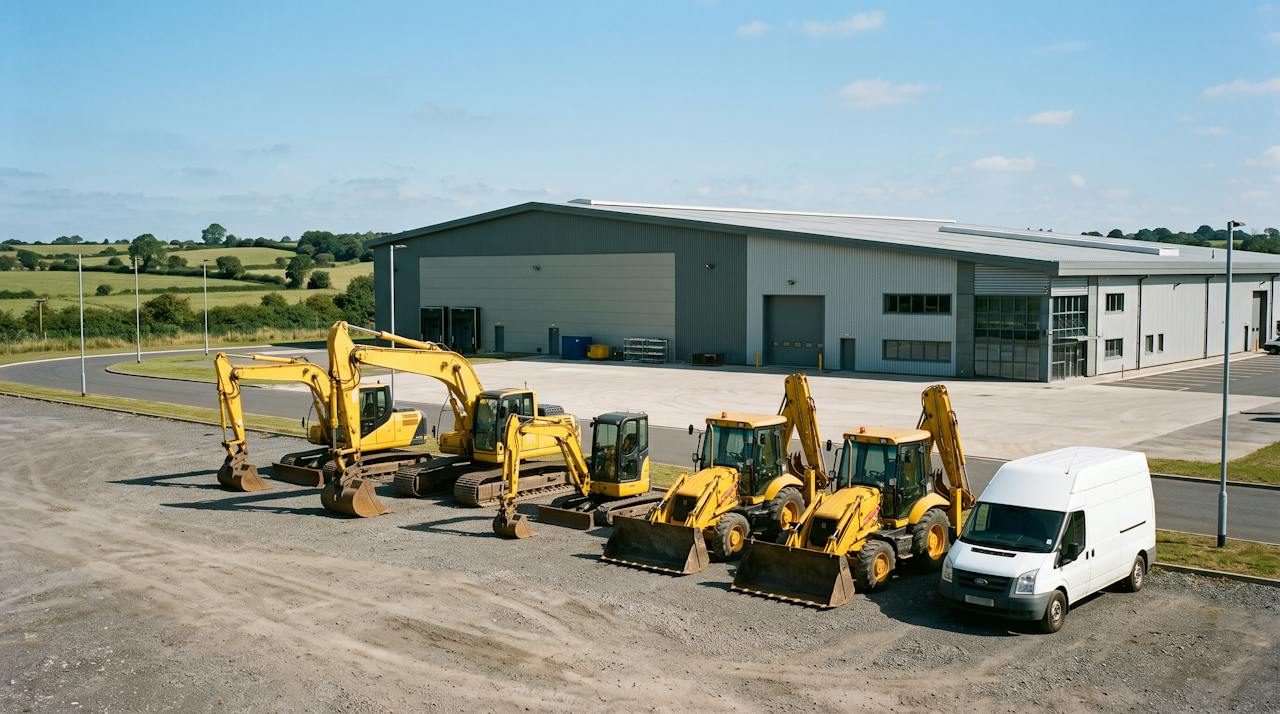 Yellow construction machinery and a white service van outside a large factory in East Staffordshire