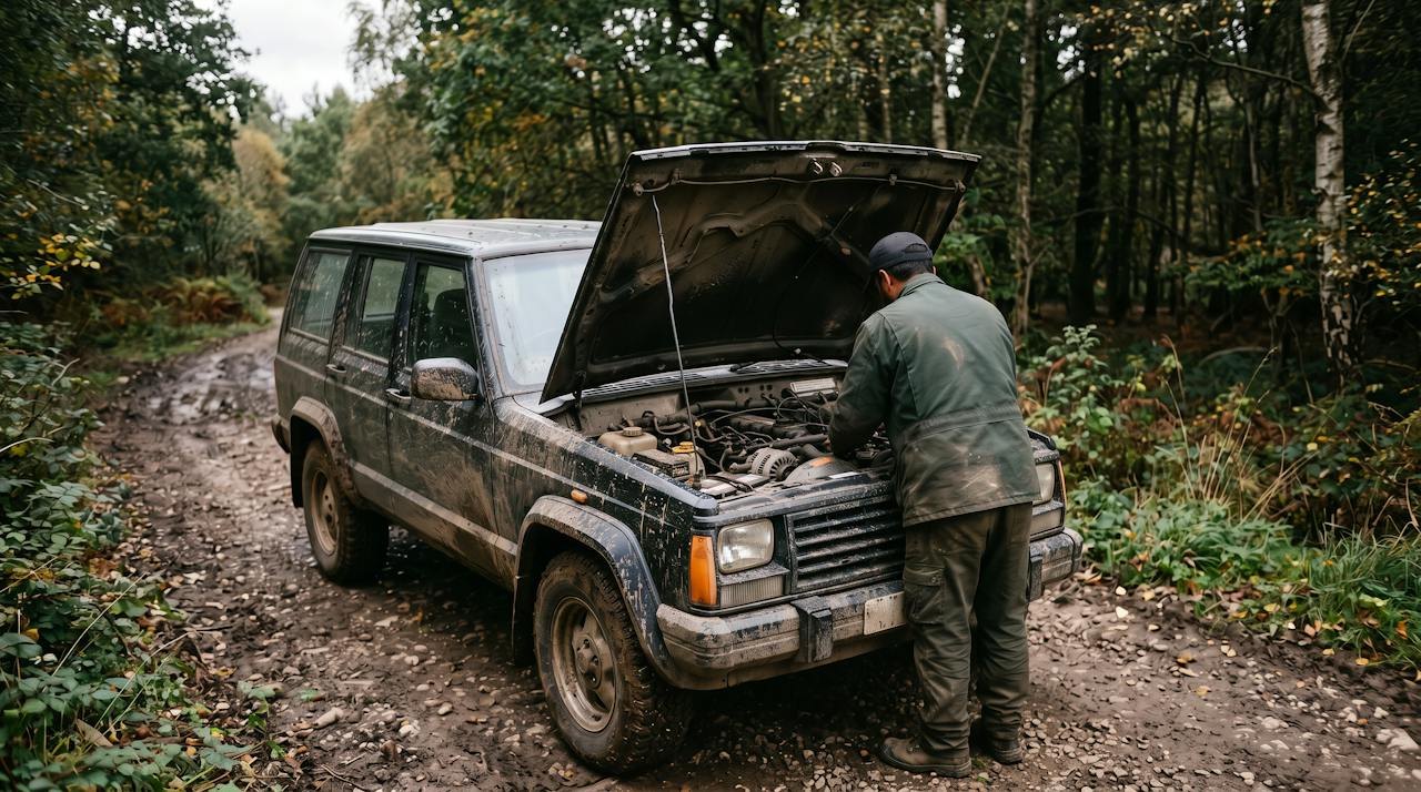Technician working under the bonnet of a muddy 4x4 on an off-road track