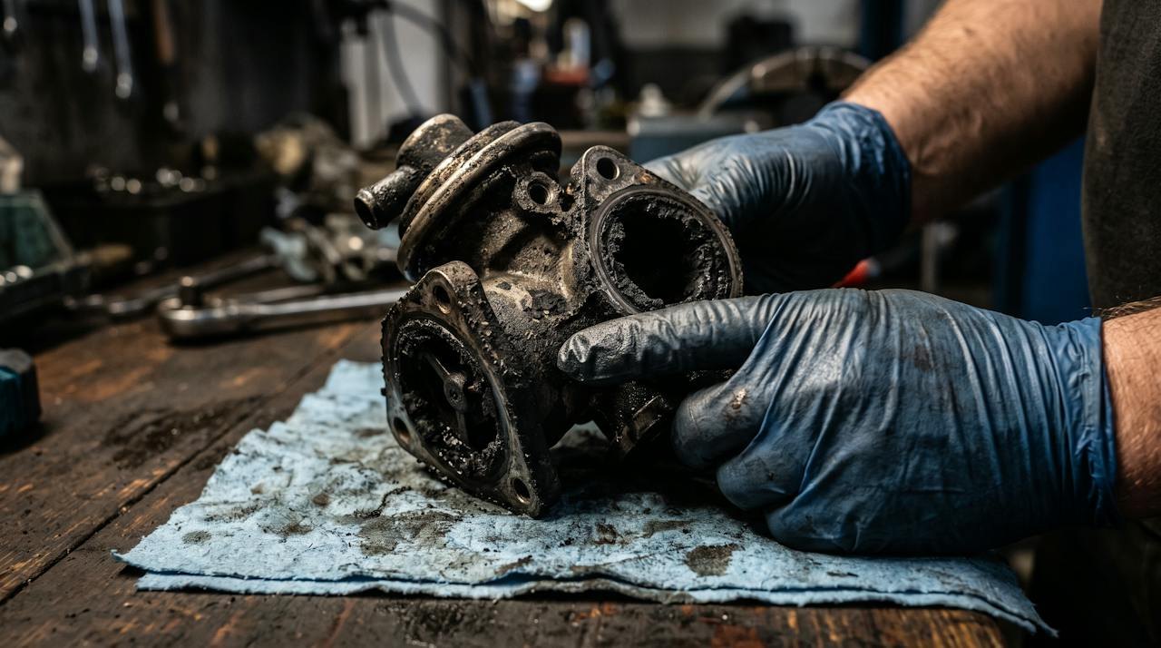 Gloved hands holding a removed EGR valve heavily caked in carbon soot