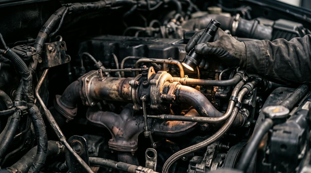 Technician inspecting an EGR valve in a diesel engine bay with a torch