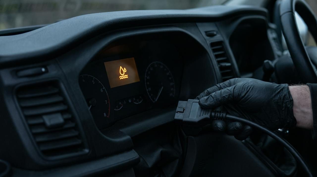 AdBlue warning light on a van instrument cluster with a gloved hand holding an OBD diagnostic plug