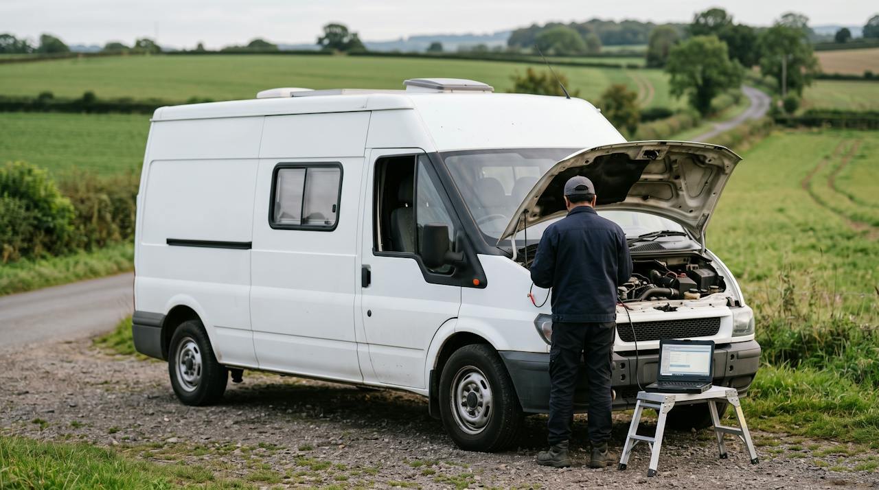Technician with a laptop at the open bonnet of a white campervan in a lay-by