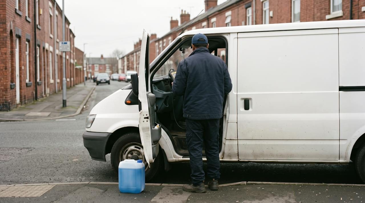 Technician at the open door of a white van with a diagnostic tablet, a container of AdBlue on the pavement