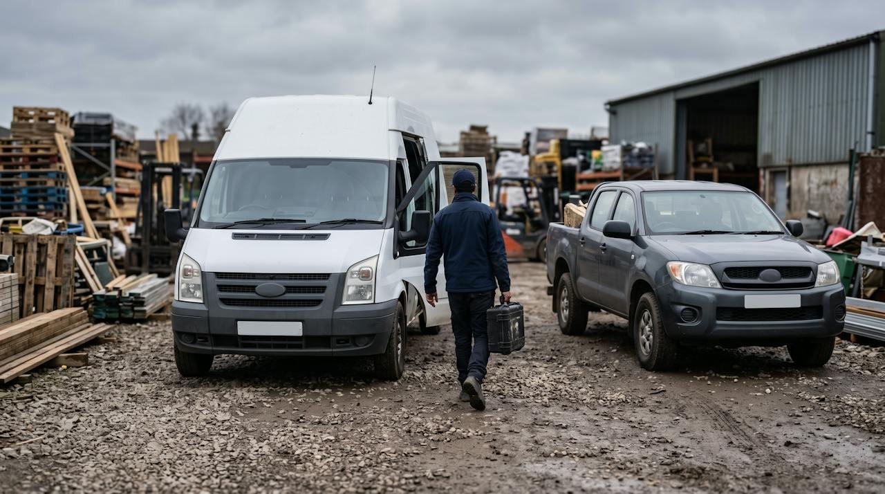Technician carrying a diagnostic case towards a white van in a builder's yard
