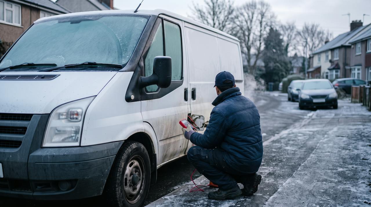 Technician testing the AdBlue heater circuit on a frosty white van in winter