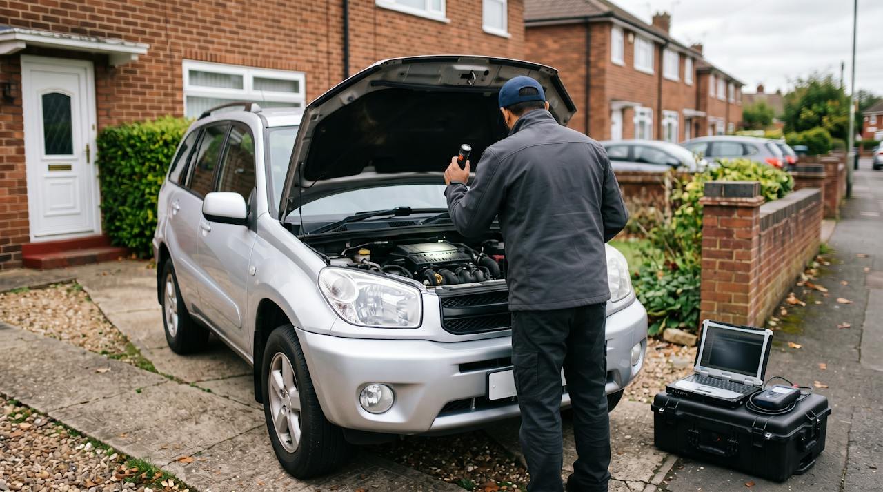 Technician checking the engine bay of a silver SUV on a driveway
