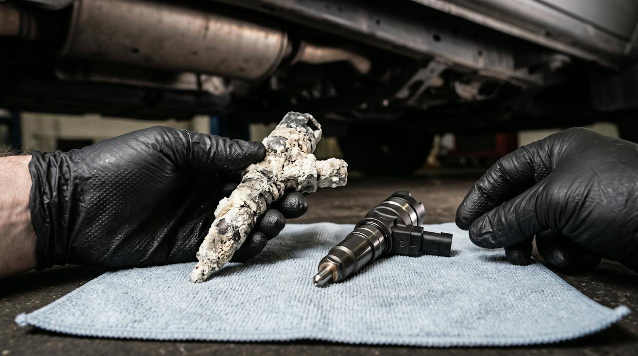 Crystallised AdBlue injector next to a clean replacement injector