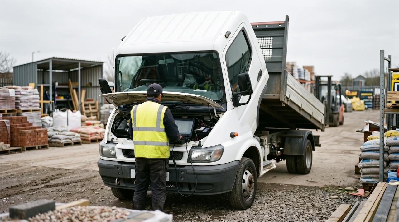 Technician in hi-vis with a laptop at the open front of a white tipper truck in a builder's yard
