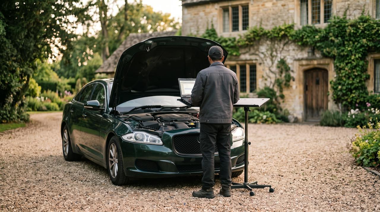 Technician with a laptop at the open bonnet of a dark green saloon on a gravel drive