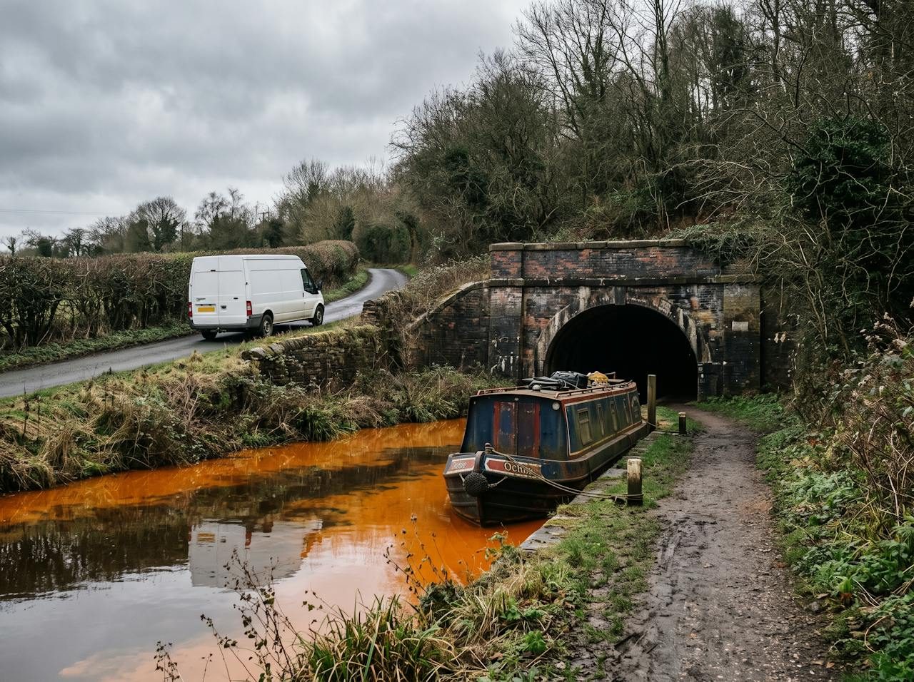 White van on a lane above the canal and brick tunnel portal at Kidsgrove