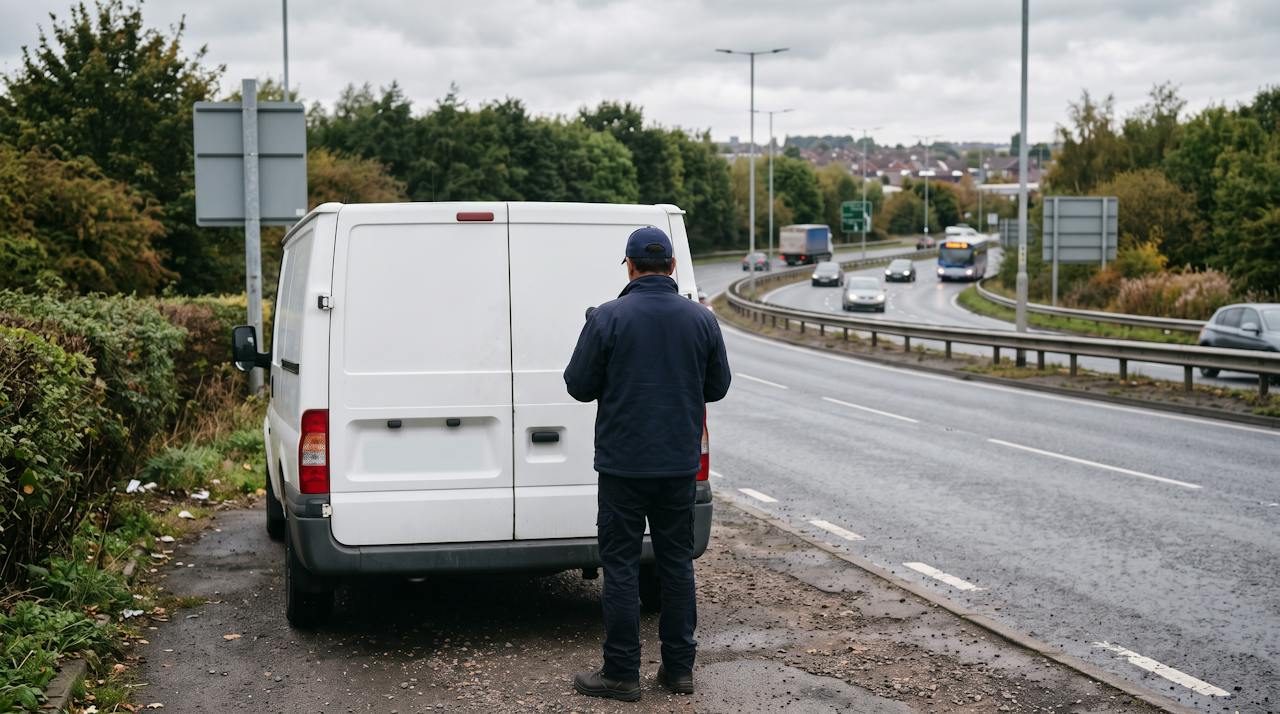 Technician with a diagnostic tablet at the rear of a white van in a lay-by beside a dual carriageway near Kidsgrove