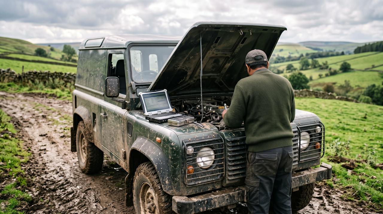 Technician working on a muddy 4x4 off-roader on a farm track in the Staffordshire Moorlands