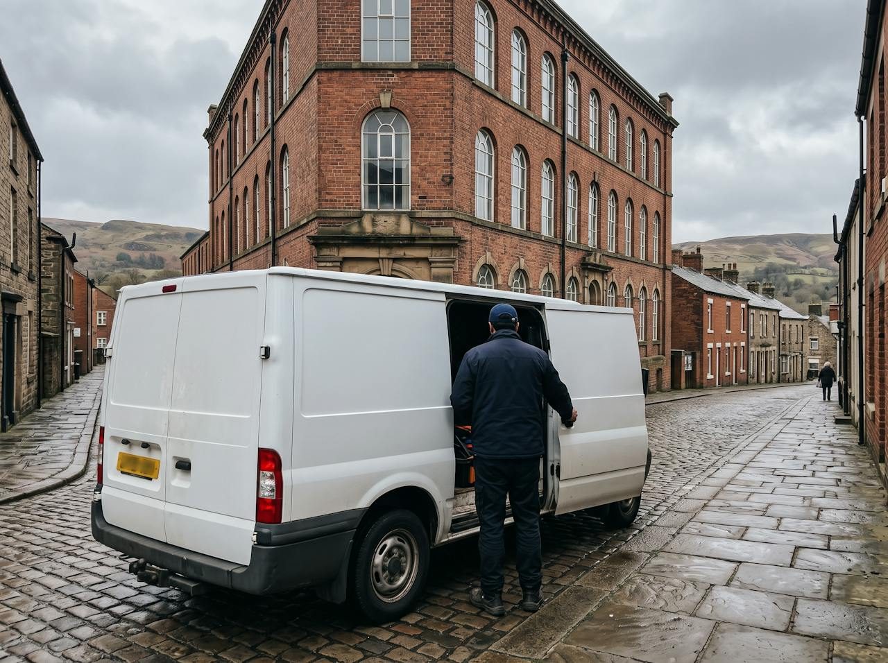 Technician in a navy cap at the back of a white van on a cobbled street of red-brick mill buildings in Leek