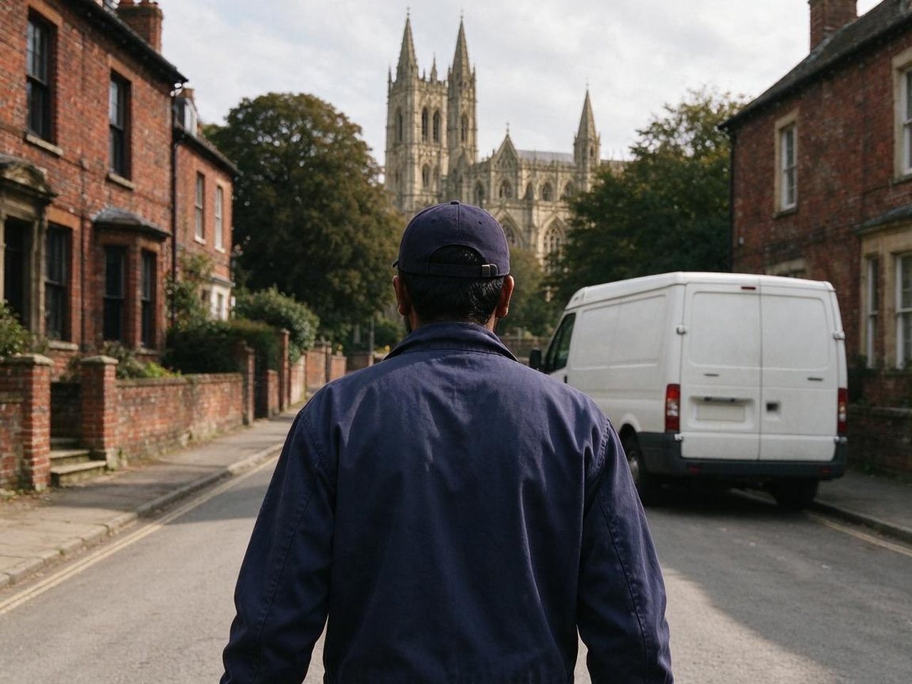 Technician in a navy cap walking towards a white van on a Georgian street in Lichfield, cathedral spires behind