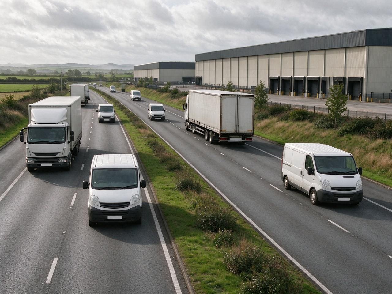 Vans and lorries on a dual carriageway past distribution warehouses near Lichfield