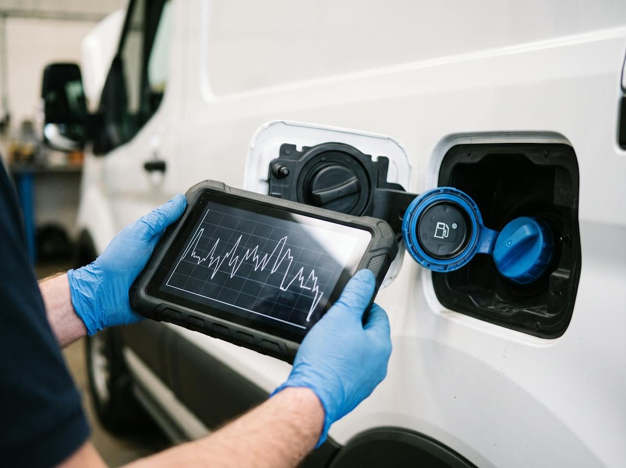 Technician holding a diagnostic tablet next to the blue AdBlue filler cap of a van