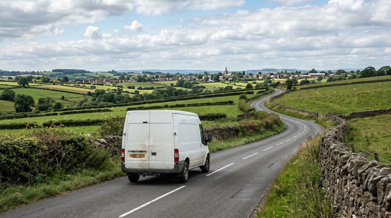 White van driving along a country road through rolling Staffordshire hills