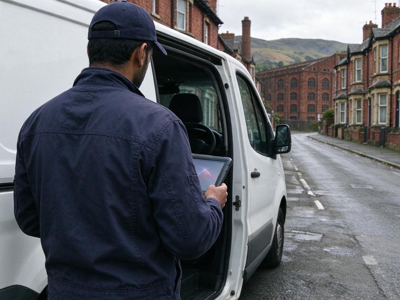 Technician in a navy cap with a diagnostic tablet at the open door of a white van on a red-brick terraced street in Macclesfield, an old mill and hills behind