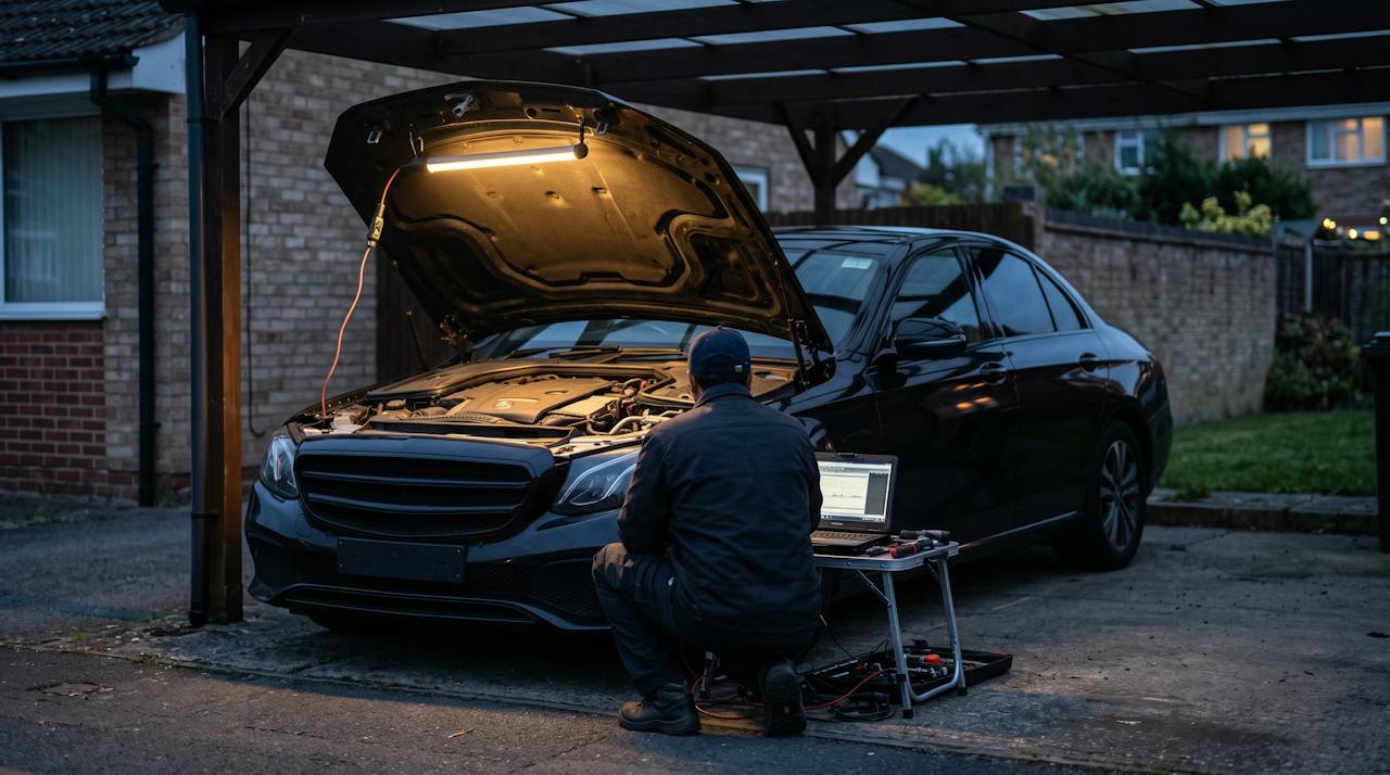 Technician with a laptop at a black saloon under a carport at dusk