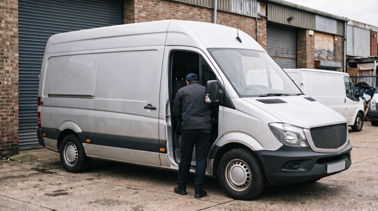 Technician at the open cab of a silver high-roof van with a laptop connected