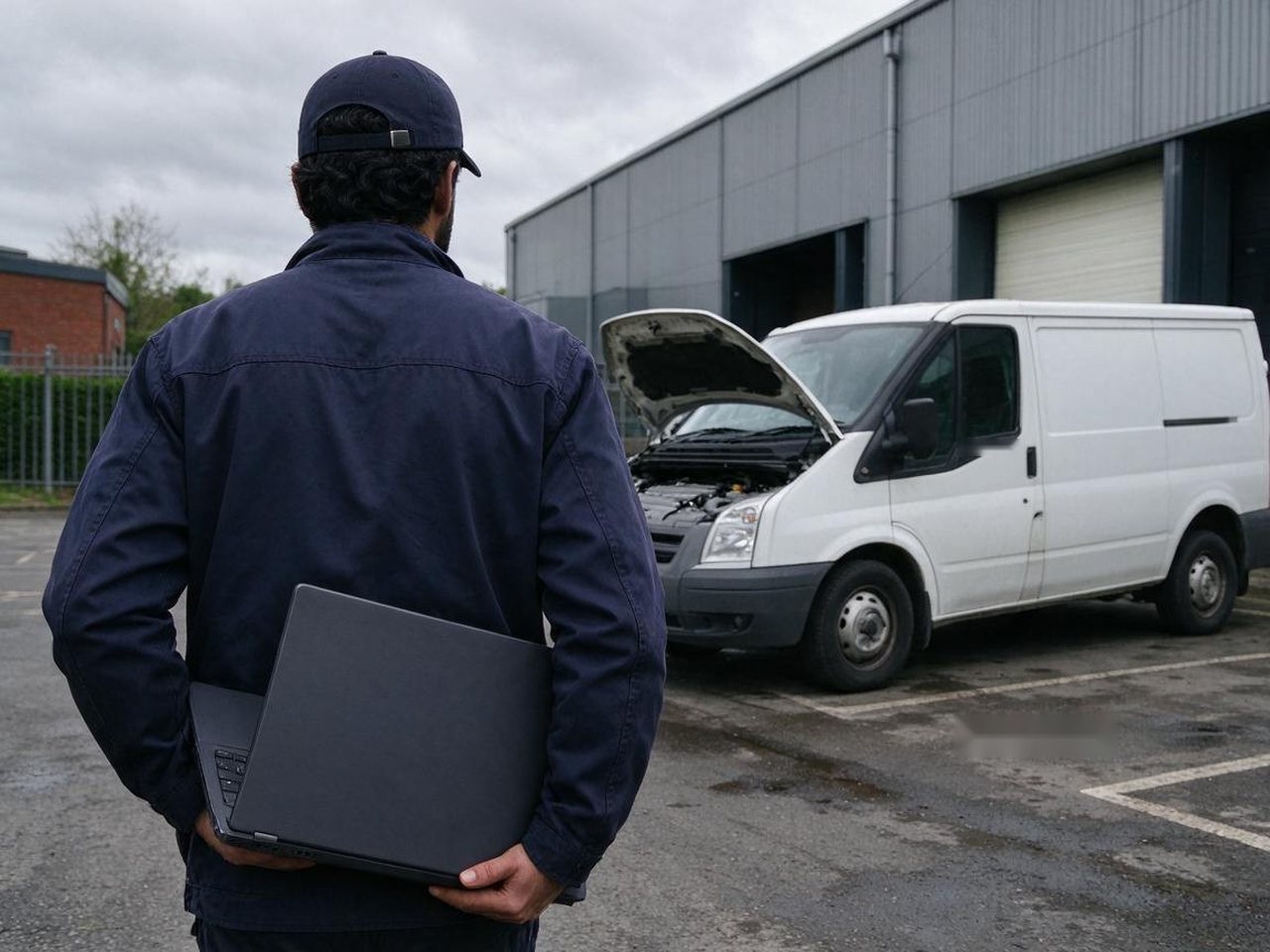 Technician in a navy cap carrying a laptop towards a white van with its bonnet open outside a distribution warehouse near Middlewich