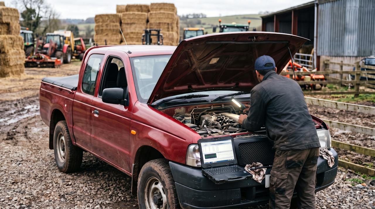 Technician working in the engine bay of a red pickup in a farmyard