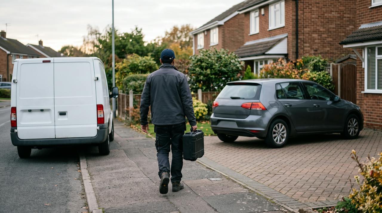 Technician walking from a white van to a diesel car on a driveway, carrying a diagnostic case