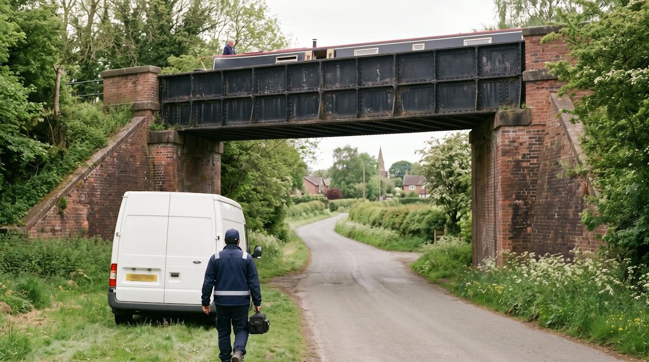 Technician walking to a white van parked below a canal aqueduct on a lane near Nantwich